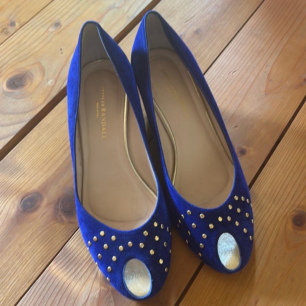 Loeffler Randall blue suede peep toe low wedge
